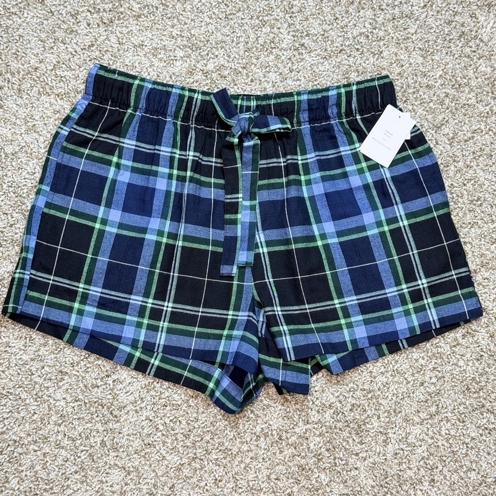 Auden Womens M Flannel Pajama Shorts Navy Blue Green Plaid Cotton Sleepwear NWT!
